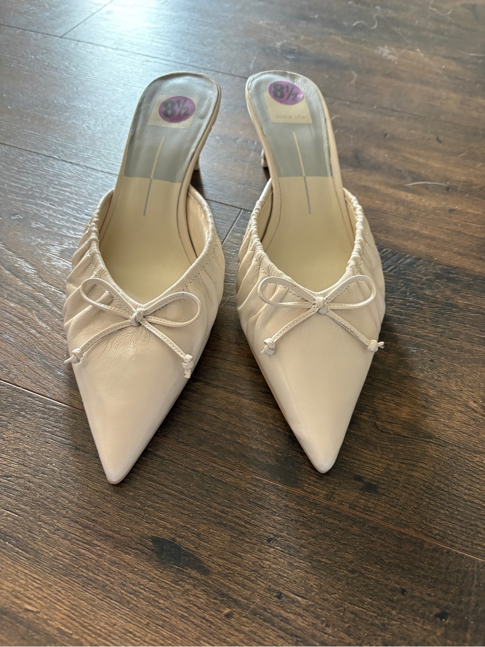Dolce Vita Pointed-Toe Cream Slip-On Mules with Bow